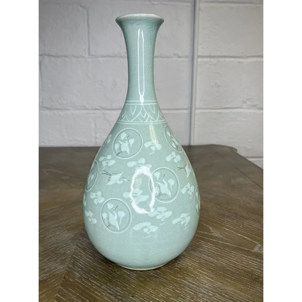 Korean Celadon Bottle Yuhuchun Vase Crane Clouds Signed‎ 12.5